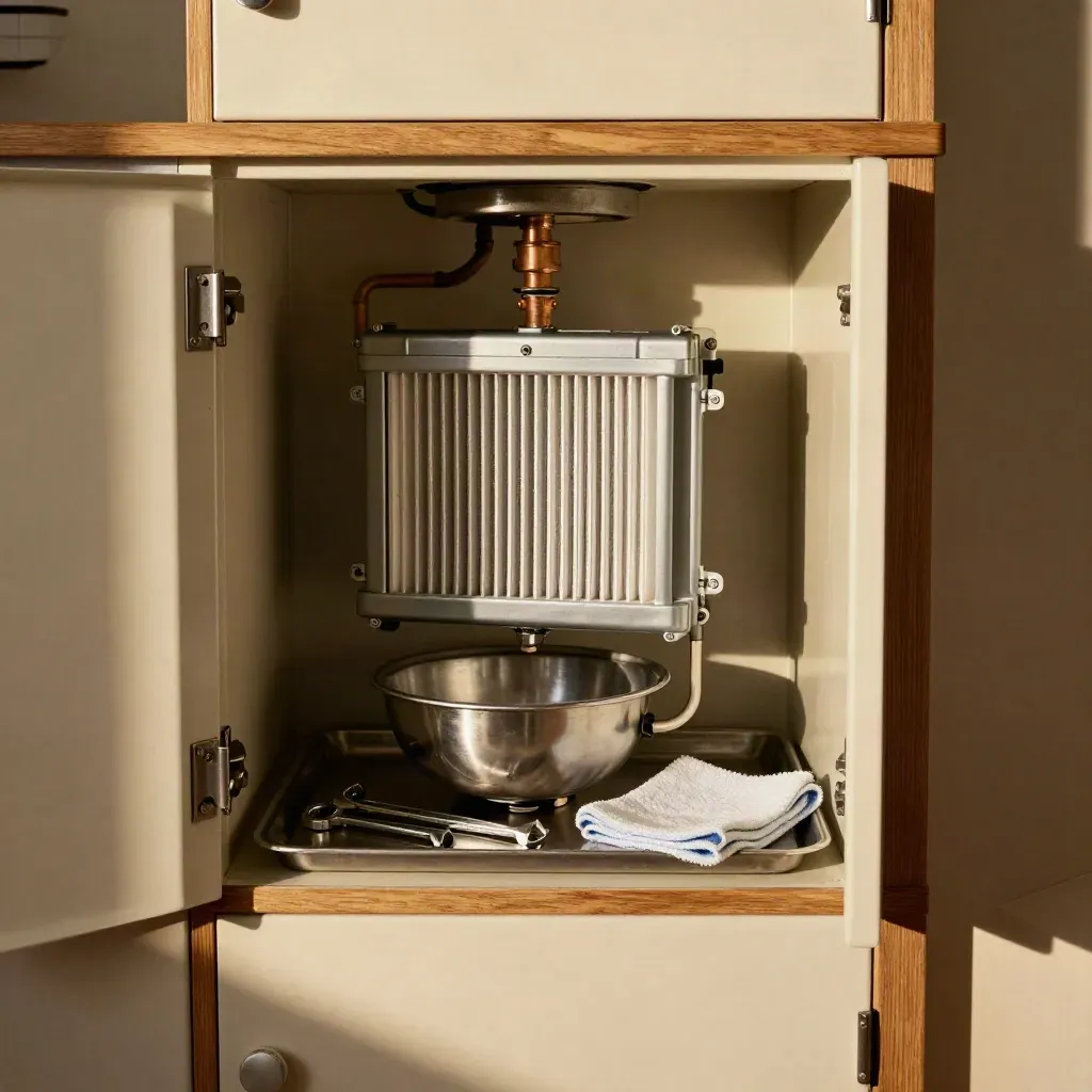 Open boiler service bay with cleaned heat exchanger, filter bowl and tools in a tidy utility cupboard.