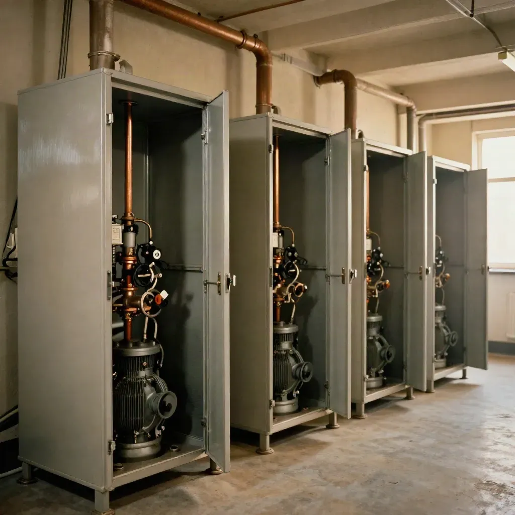 Four serviced boiler cupboards in a neat plant room, viewed down a symmetrical corridor.