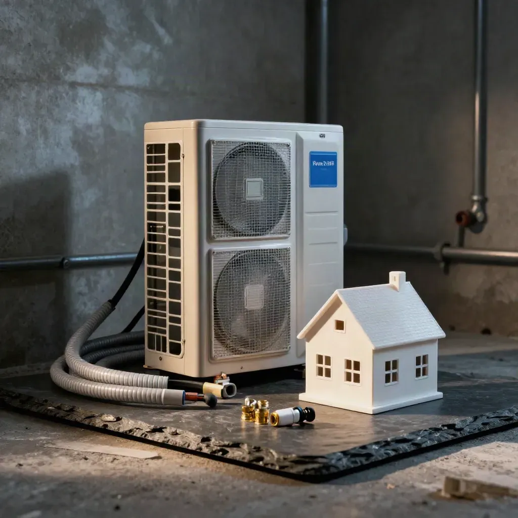 Heat pump bracket, insulated line-set coil, rubber feet and house model on slate in dramatic studio light