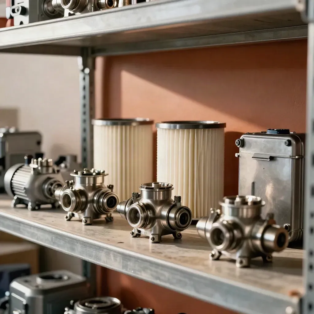 Brushed metal shelving with pump heads, valve motor, filter cartridges and a sealed service case.