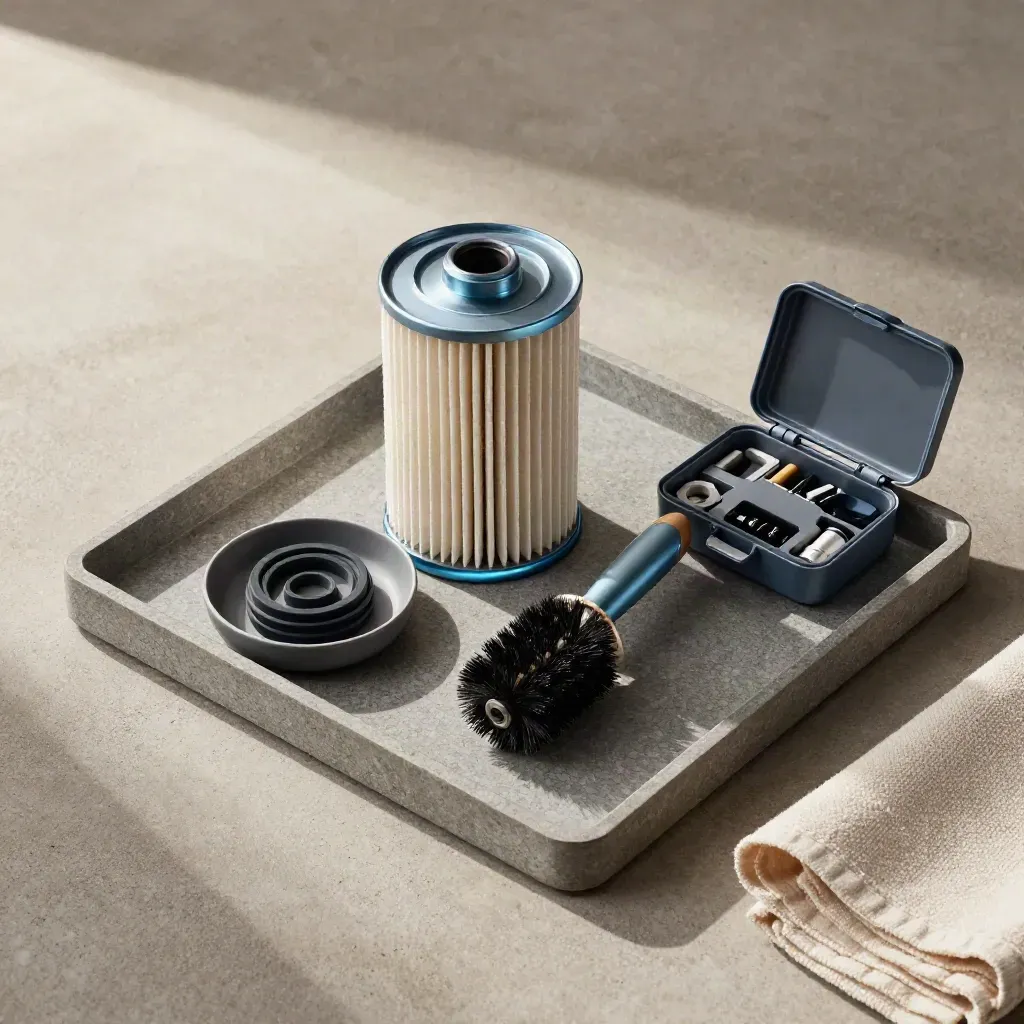 Filter cartridge, brush, seals and maintenance kit on a stone tray