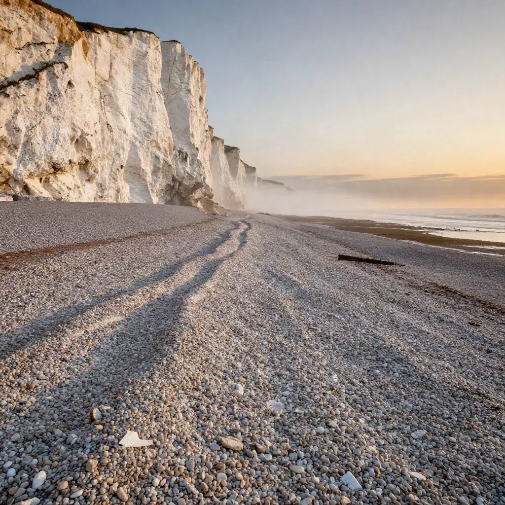 West Sussex shingle beach and chalk cliffs at dusk with calm misty shoreline